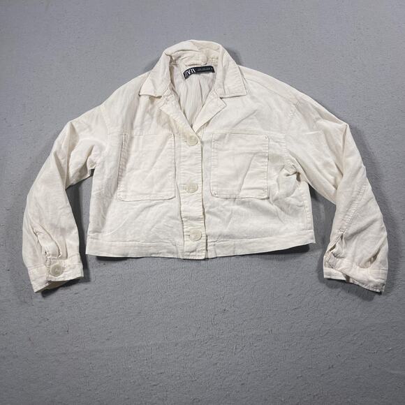 Zara Jacket Womens Medium Linen Blend Cropped Button Up Utility Pockets‎ Casual - Picture 1 of 8